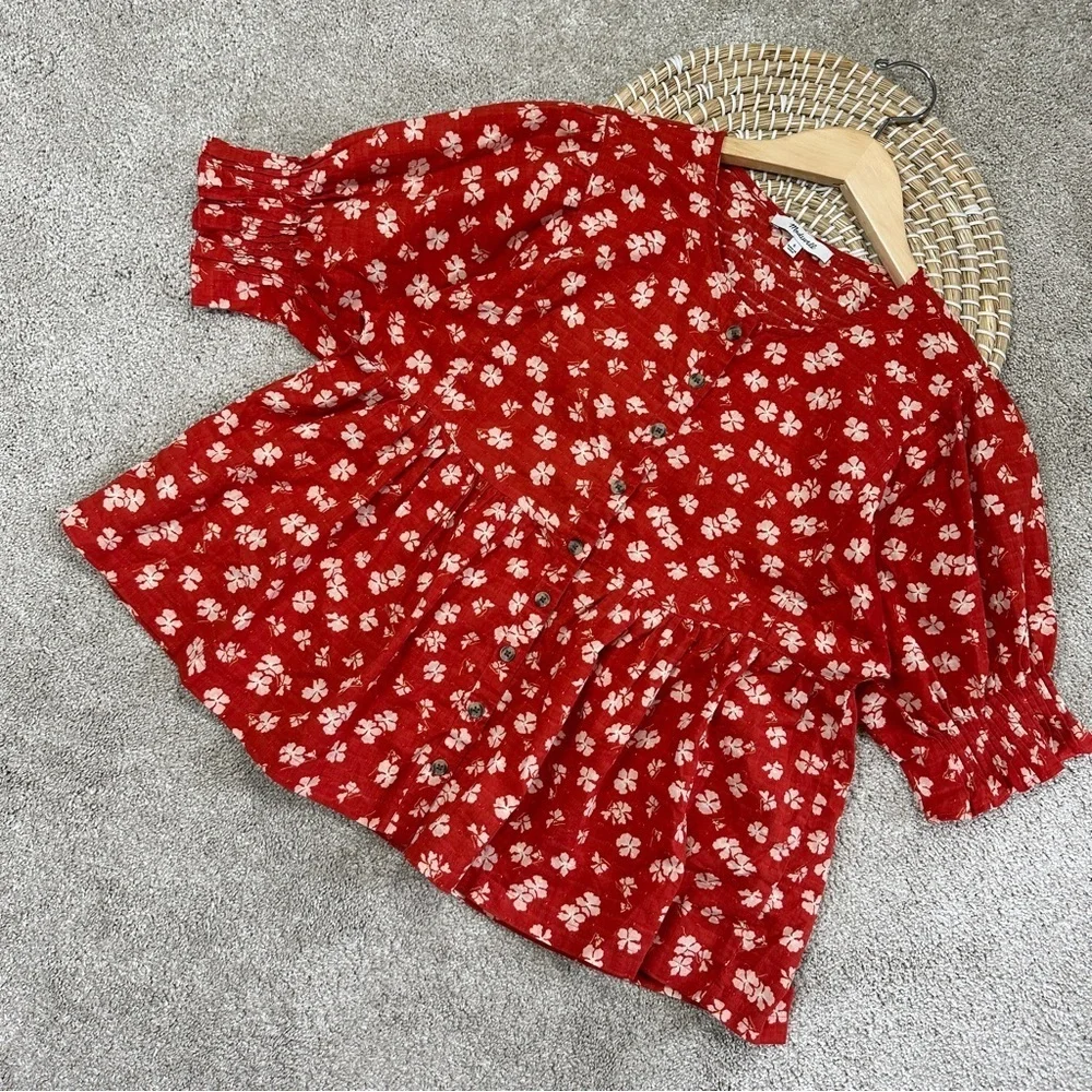 Madewell Puff-Sleeve Button-Front Top in Swiss Dot Happy Aloha Thai Chili Size S
